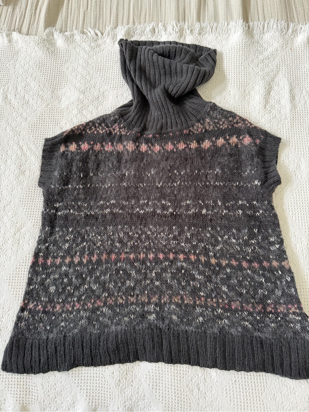 Free People Charcoal Gray Sleeveless Turtleneck Sweater Vest with Pink Accents